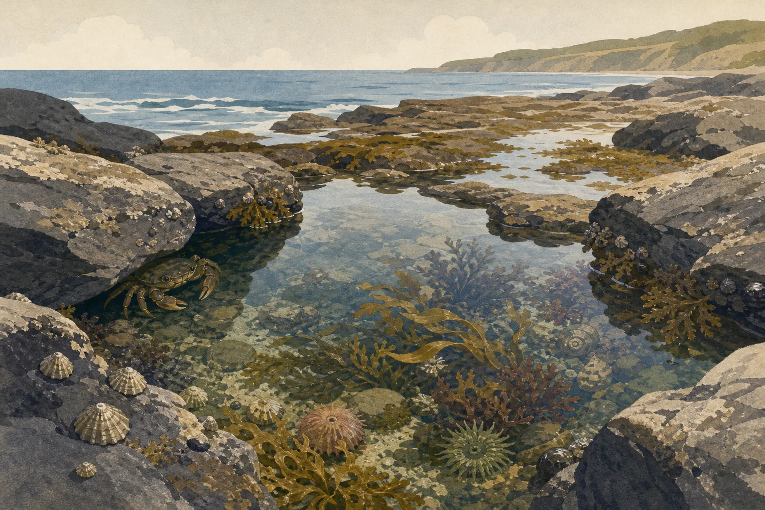 Clear rock pool with seaweed, shells, a crab, and rocky coastline under soft cloudy sky