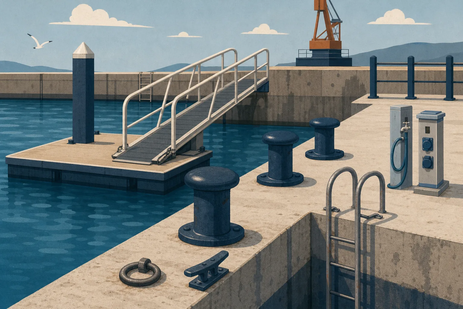Concrete harbor dock with blue bollards, metal ladder, railing, water hose, and a gangway under a cloudy sky
