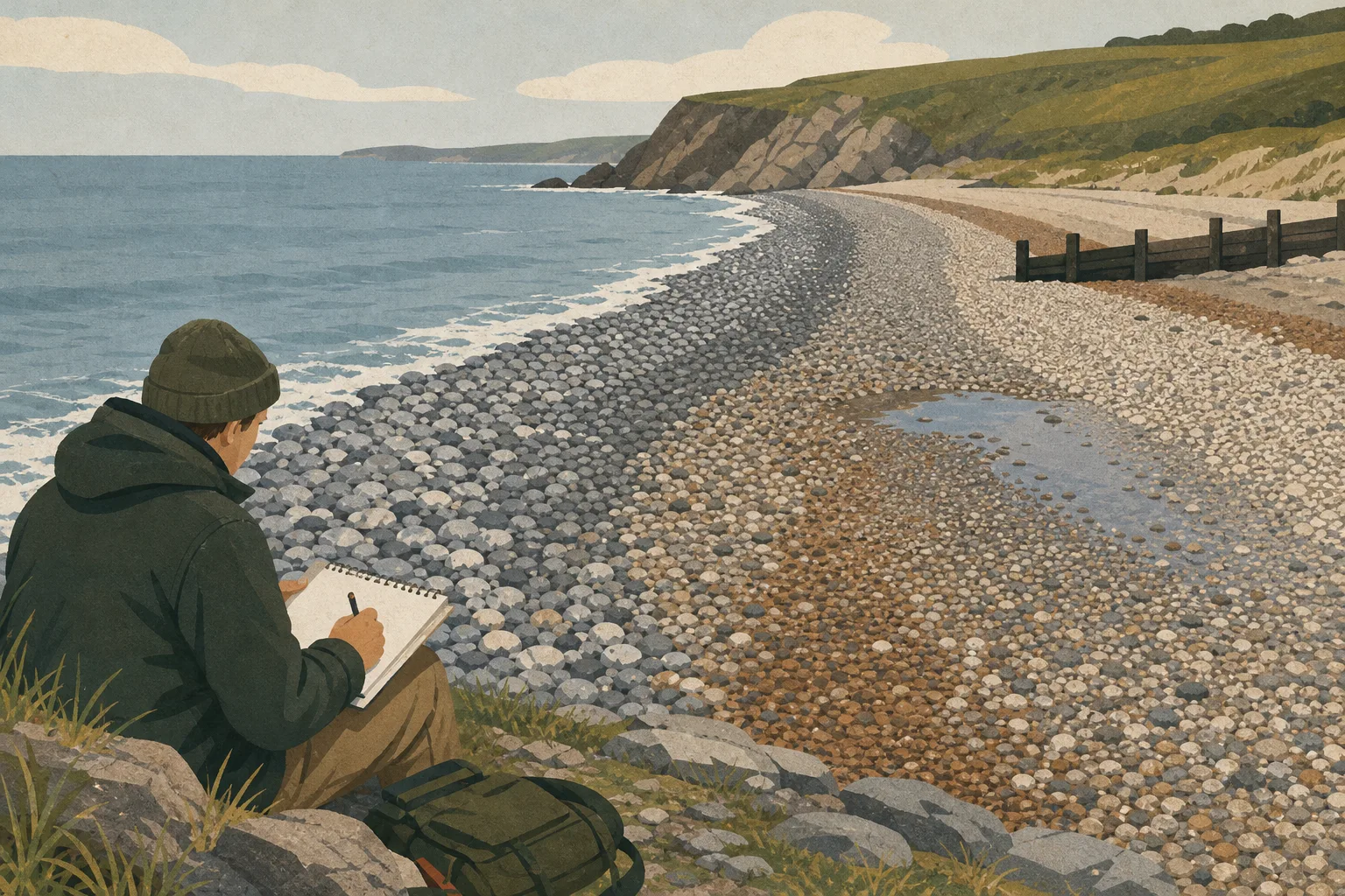 Person in a beanie writing or drawing while seated on rocky shore beside pebble beach and calm sea under cloudy sky