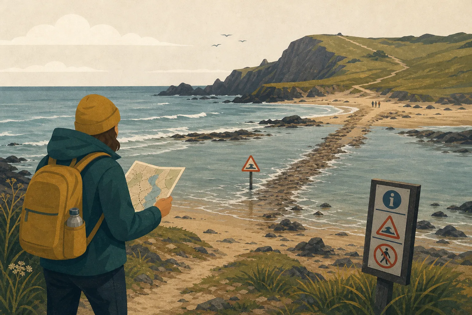 Person wearing a yellow hat and backpack looking at a map near a rocky coastal path partially submerged by water