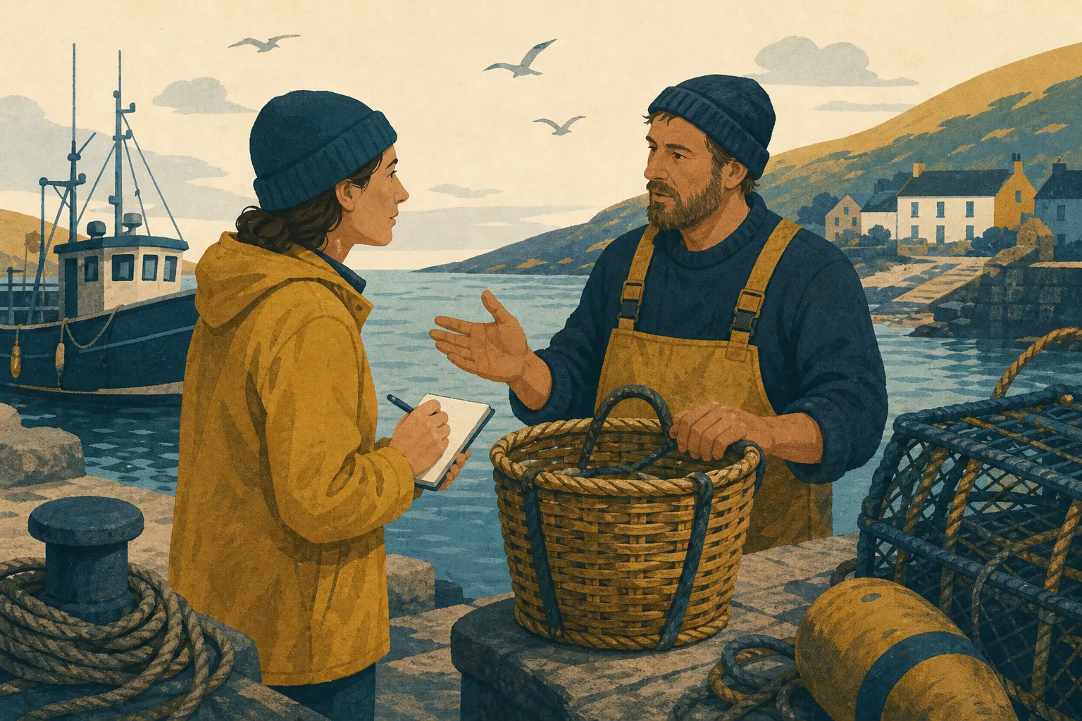 Two people wearing warm clothing talking on a dock by the sea near fishing equipment and boats